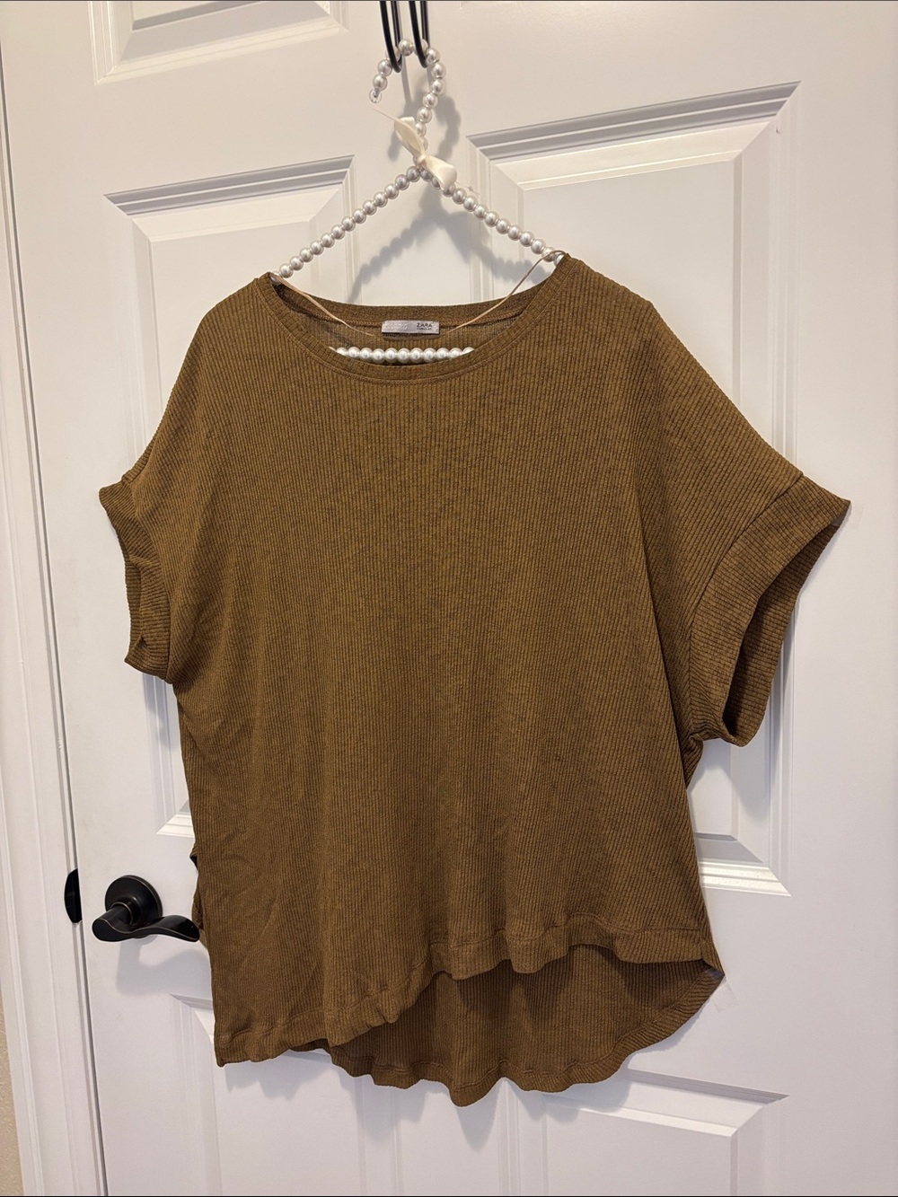 Zara Ribbed Short Sleeve Top in Mustard Brown 🤎 Sz 8 - Picture 2 of 12
